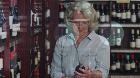 Senior shopper reaching shelf selecting wine, turning label while data overlays Stock Footage 334179162