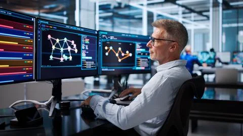 Senior Software Developer Pointing At Screen While Debugging Code Remotely. Photos