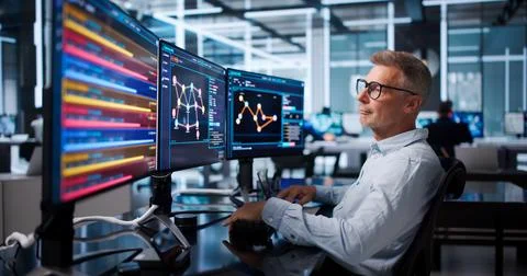 Senior Software Developer Pointing At Screen While Writing Efficient Code. Stock Photos
