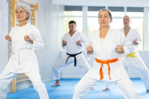 Senior students perform basic movements and repeat to hold pose, learning Stock Photos