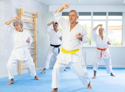 Senior students perform basic movements and repeat to hold pose, learning Stock Photos