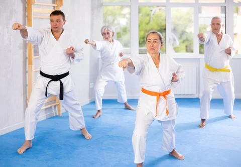 Senior students perform basic movements and repeat to hold pose, learning Stock Photos