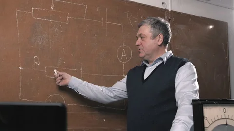 Senior teacher explains lesson, talking with students and writing Stock Footage 102879855