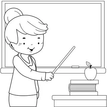 Senior teacher in the school classroom. Vector black and white coloring page Stock Illustration