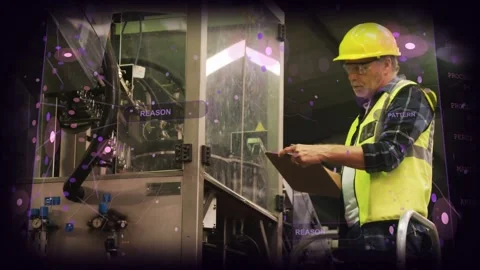 Senior tech doing check on factory machine, inspecting and noting log while pink Stock Footage 331736520