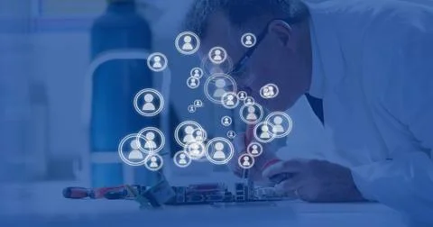Senior tech repairing PCB in lab, motion sparking animated icons clustering near Stock Photos