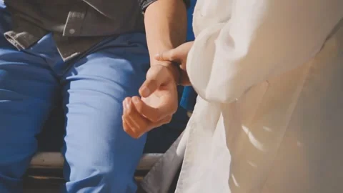 Senior using a blood pressure cuff during a telemedicine consultation via d.. Stock Footage 343707795