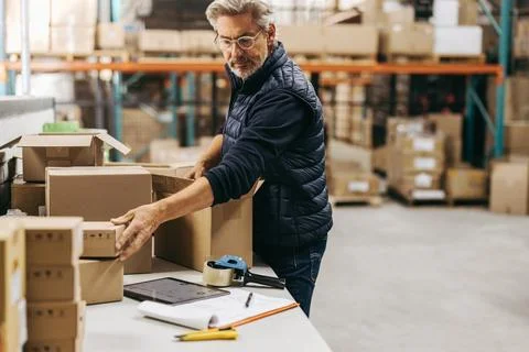 Senior warehouse worker packing orders Stock Photos