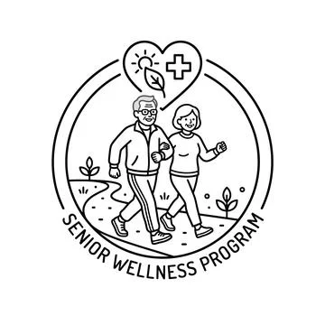 Senior wellness program illustration. elderly couple walking outdoors, heal.. Stock Illustration