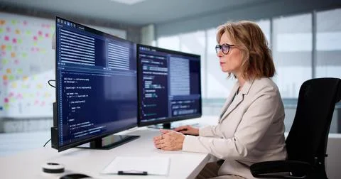 Senior Woman Coding Software On Desktop Screen As Remote Worker. 스톡 사진