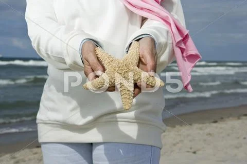 A senior woman holding a starfish on a beach, midsection Stock Photos