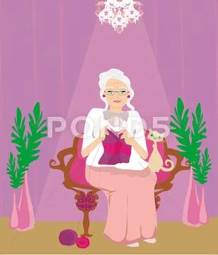 Senior woman knitting Stock Illustration