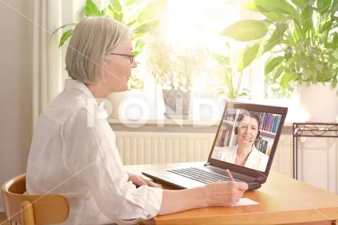 Senior woman laptop online therapy Stock Photos