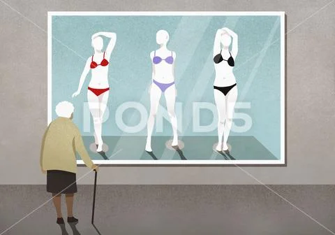 Senior woman looking at bikinis on mannequins photograph in art gallery Stock Illustration