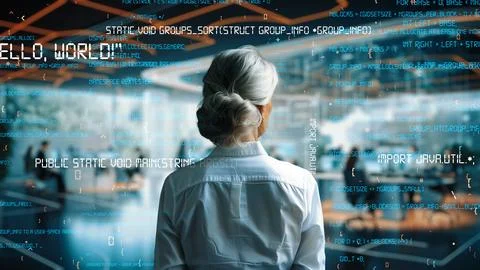 Senior Woman Programmer Engaged in LISP AI Engineering Foto stock