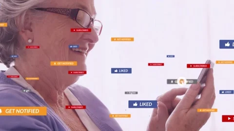 Senior woman tapping smartphone, checking alerts, social badges multiplying Stock Footage 334013969