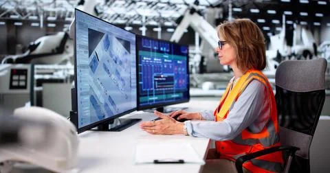 Senior Woman Using CAD Software To Design 3D Industrial Plant. Stock Photos