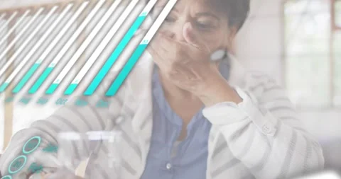 Senior woman using device causing bar chart and code overlays while taking pill Stock-Footage 318689786