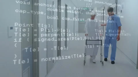 Senior woman using walker moving down hospital corridor showing animated Stock Footage 307467284