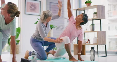 Senior yoga instructor teaching beginner poses to mature women in her exercise Vídeos de archivo 200934103
