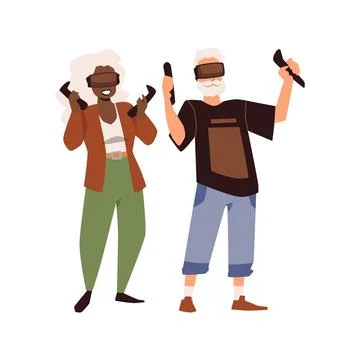 Seniors in 3D glasses playing computer games, flat vector illustration isolated. イラスト素材