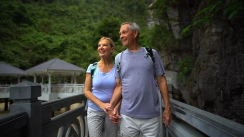 Seniors hiking Ti Top Mountain Halong Bay Asia Stock Footage