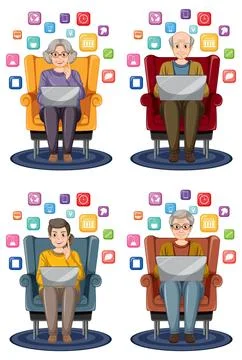 Seniors Using Laptops with Apps Stock Illustration
