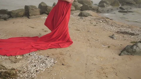 Sensitive beautiful plus size model at the beach in red dress Vídeos de archivo 110850288