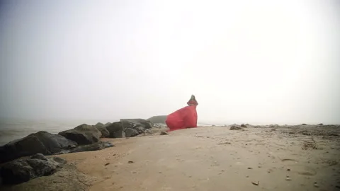 Sensitive beautiful plus size model at the beach in red dress Stock Footage 110850408