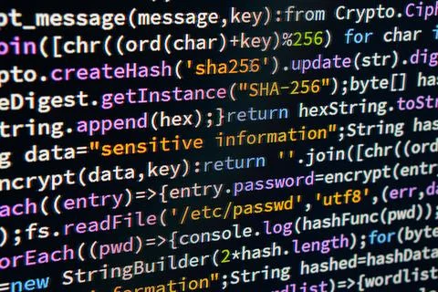 Sensitive information. Close-up view of colored code in IDE, annotated with.. Foto stock