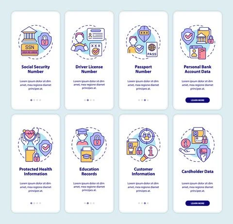 Sensitive information onboarding mobile app screen set 스톡 일러스트