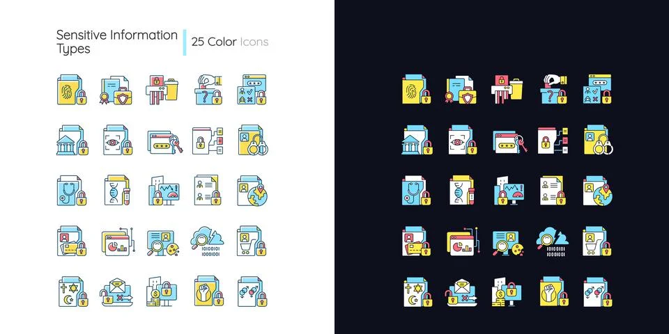 Sensitive information types light and dark theme RGB color icons set Stock Illustration