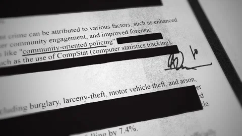 Sensitive secret document text is censored by black marker lines hiding info Stock Footage 310856800