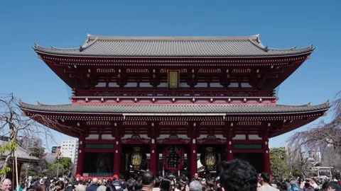 Senso-ji Hozomon Gate Crowd Lanterns Asakusa Tokyo Japan Blue Sky Spring Stock Footage 335037921