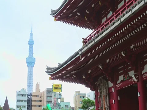 Senso-ji Temple and sky tree in Asakusa Stock Footage 71205286
