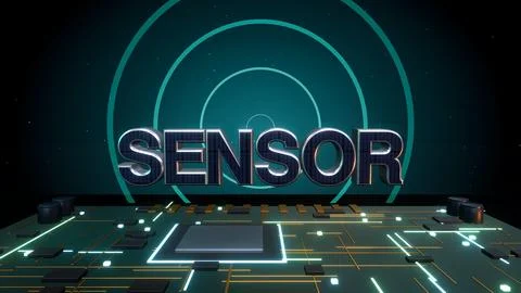 SENSOR 3D Text with Signal Waves on a Circuit Board Stock Illustration