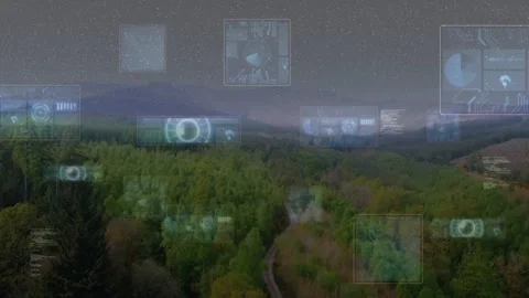 Sensor activation initiating drone scanning and projecting HUDs over forest Stock Footage 332613724