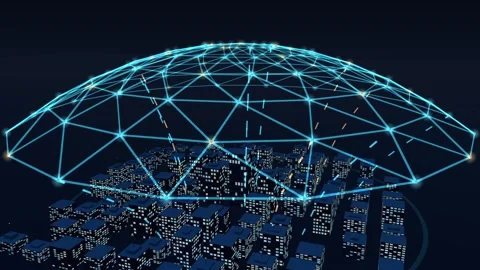 Sensor canopy assembling itself over a lit city in outward ripples running from Stock Footage 341072889