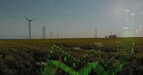 Sensor data initiating neon AR chart over wind farm, dotted lines rising, Stock Footage 331872348