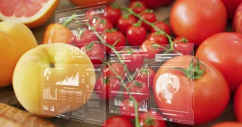 Sensor detecting ripeness, activating data UI displaying tomatoes, peaches on Stock Photos