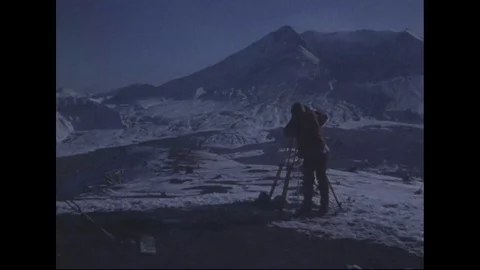 Sensor equipment in front of Mount St. Helens volcanic - 1980-1983 Stock Footage 99097083