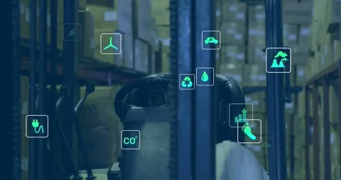 Sensor network sending data, overlaying teal icons onto parked forklift, showing Stock Footage 334040857
