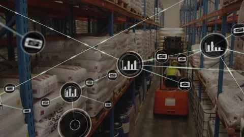 On sensor ping forklift and driver driving down aisle as network icons emerging, Stock Footage 323270412