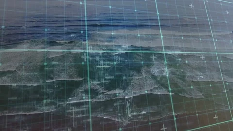 Sensor ping initiating ocean surface scan, translucent teal grid sliding and Stock Footage 328685786
