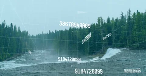 Sensor scan initiating overlay, rapids flowing, numeric strings rising and grid Video stock 334316253