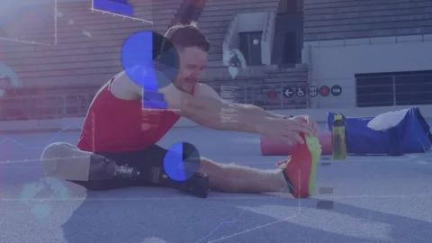 Sensor sync starting, athlete stretching reaching shoe, left-blade, overlays Stock Footage 330621606