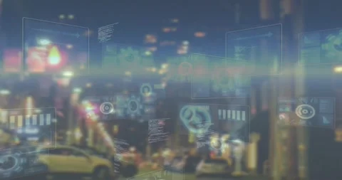 Sensor-triggered AR HUD appearing over blurred city street, panels forming, Stock Footage 326627826