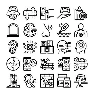 Sensory perception and brain activity linear icons collection Stock Illustration