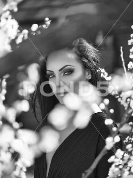 Sensual girl with blooming flowers Stock Photos