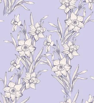 Sensual seamless pattern with elegant daffodil on light lilac. Stock Illustration